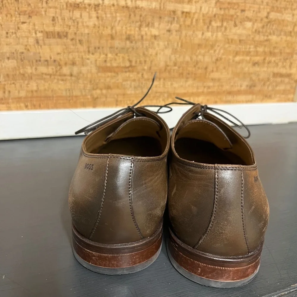 Hugo Boss Mens Brown Leather Derby Dress Shoes Made in‎ Italy 50470980 Size 9.5
